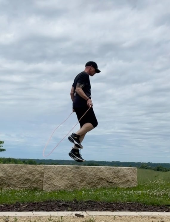 Dizzy skipping rope on a limestone bench at Memorial Park Overlook in Red Wing, Minnesota