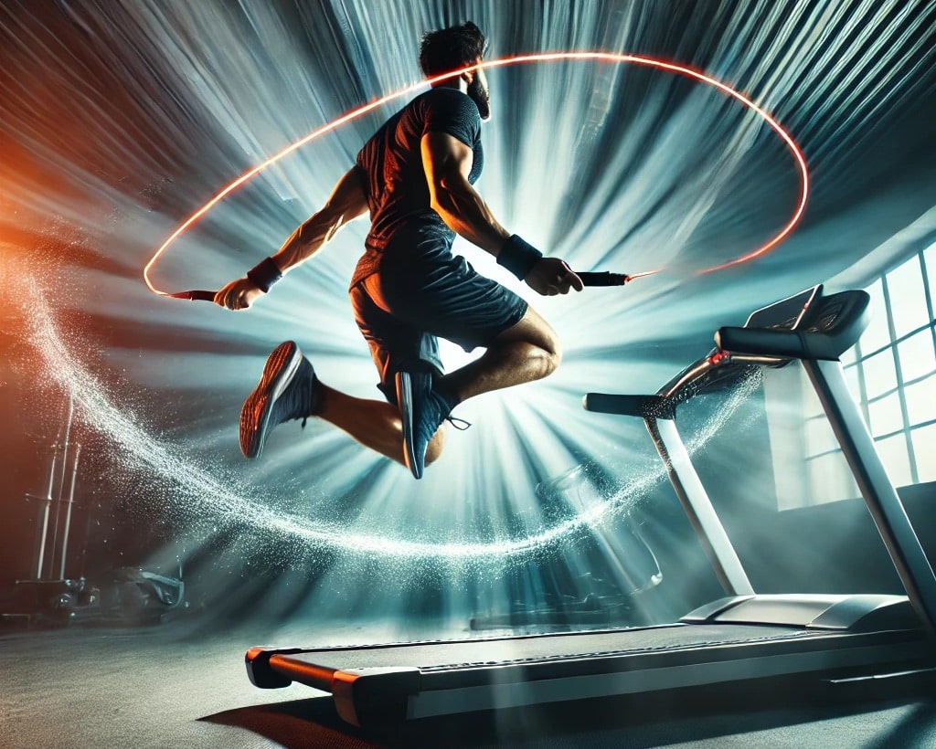 man with jump rope jumping over treadmill