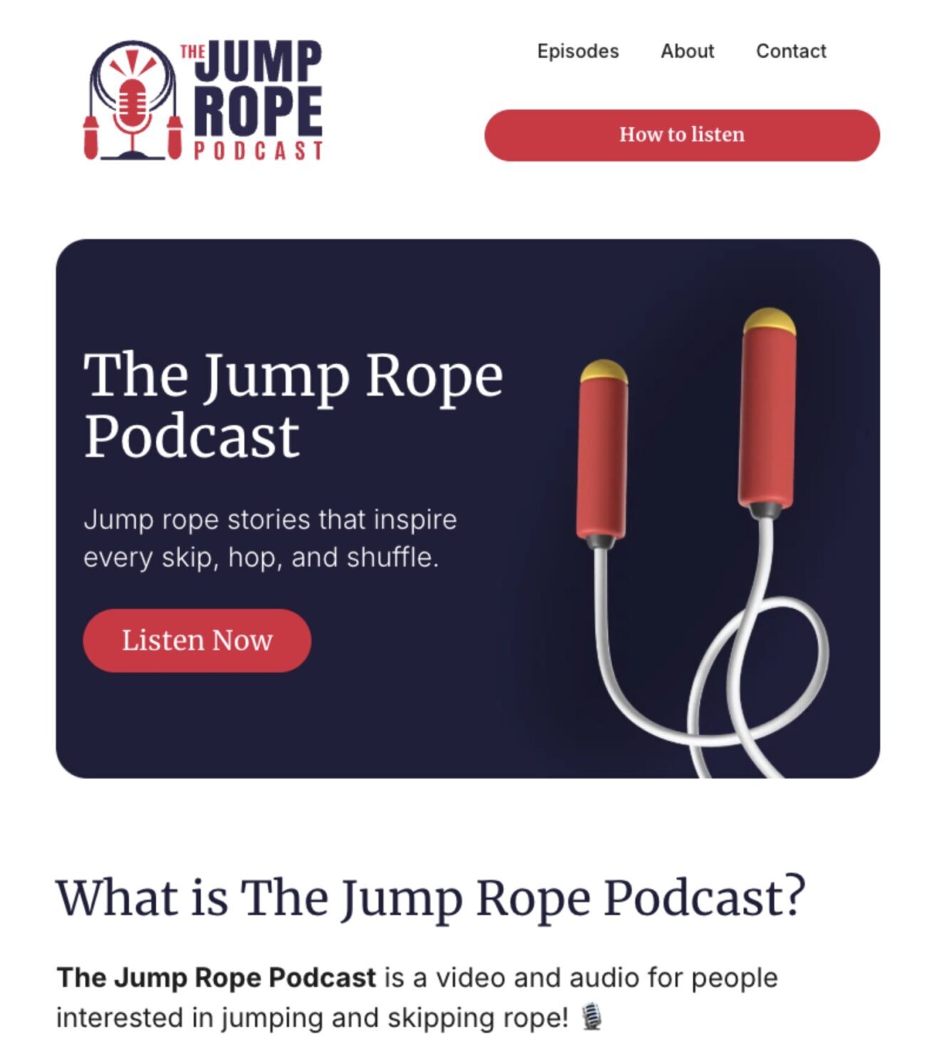 Jump Rope Podcast website with listen now button.